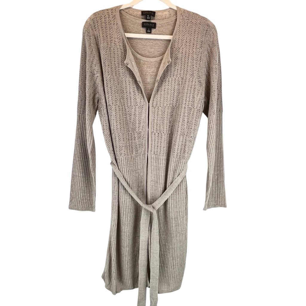 Carlisle Collection Cardigan Sweater Set Linen Blend Taupe Open Knit Semisheer L